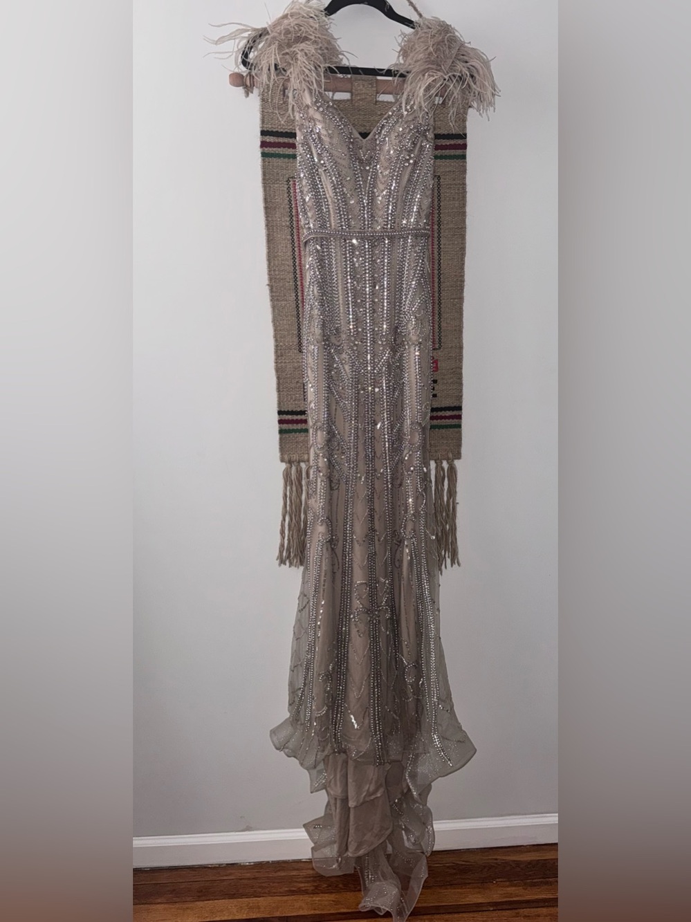 House of Troy Beaded Nude/Silver Evening Gown (Mila label Marie Gown)
